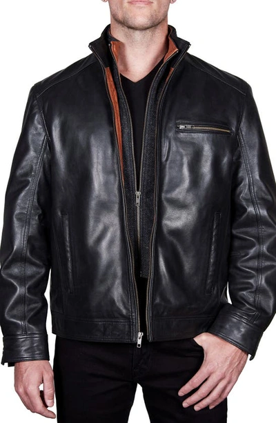 Missani Le Collezioni Leather Dickey Jacket In Black/ Cognac