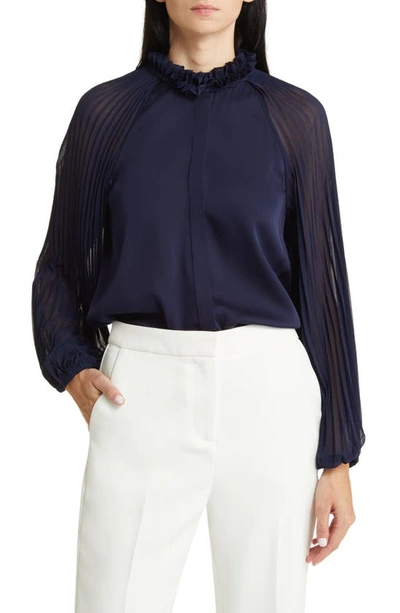 Kobi Halperin Kosme Silk Stretch Pleated Blouse In Midnight Blue