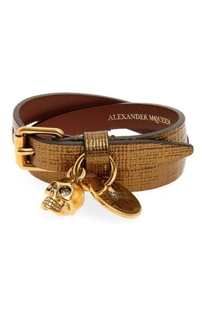 Alexander Mcqueen Skull Charm Leather Wrap Bracelet In Gold/ Gold