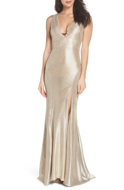 Mac Duggal Sleeveless Front Slit Gown In Silver