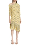 Saloni Lexie Floral Print Silk Off The Shoulder Dress In Golden Alga