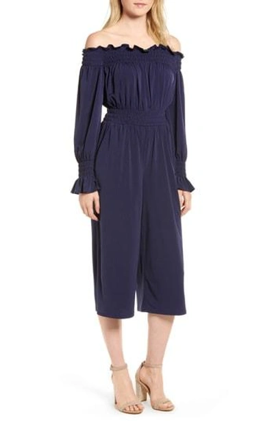 Michael Michael Kors Off The Shoulder Jumpsuit In True Navy