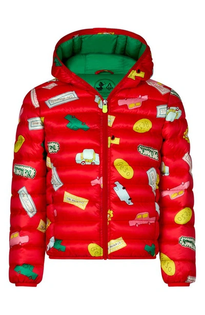 Save The Duck Kids' Lobster Puffer Jacket In Cars And Signs Red Ground