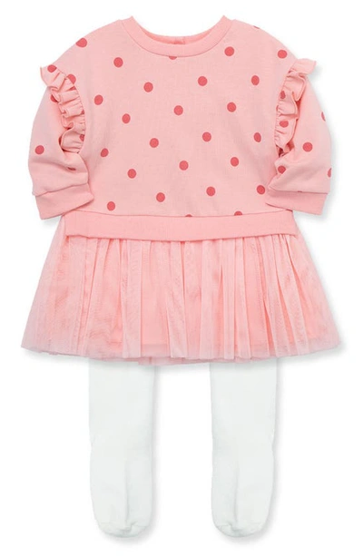 Little Me Babies' Polka Dot Ruffle Long Sleeve Dress & Tights Set In Pink