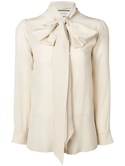 Gucci Long-sleeve Neck-bow Silk Crepe De Chine Blouse W/ Ladybug Buttons In Neutrals