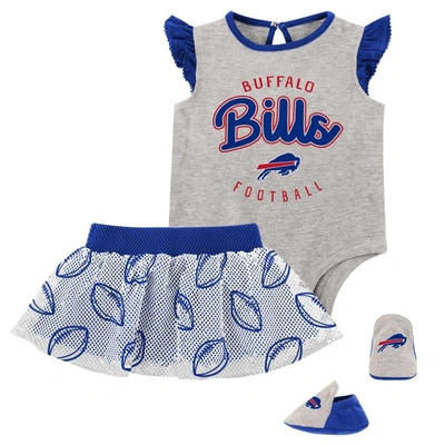 Outerstuff Babies' Girls Infant Heather Gray/royal Buffalo Bills All Dolled Up Three-piece Bodysuit, Skirt & Booties Se