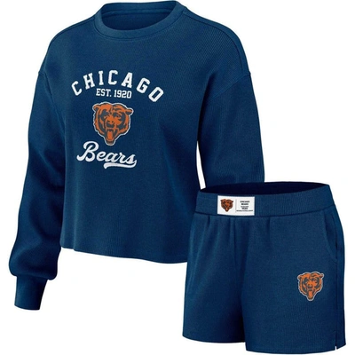 Wear By Erin Andrews Navy Chicago Bears Waffle Knit Long Sleeve T-shirt & Shorts Lounge Set