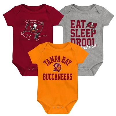Outerstuff Babies' Newborn & Infant Red/orange/heather Gray Tampa Bay Buccaneers Three-pack Eat, Sleep & Drool Retro Bo