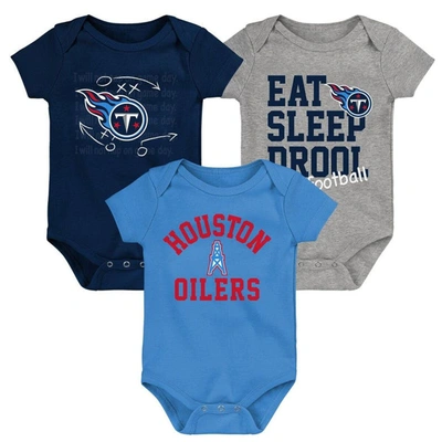 Outerstuff Babies' Newborn & Infant Navy/light Blue/heather Gray Tennessee Titans Three-pack Eat, Sleep & Drool Retro B In Navy,light Blue,heather Gray