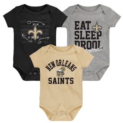 Outerstuff Babies' Newborn & Infant Black/gold/heather Gray New Orleans Saints Three-pack Eat, Sleep & Drool Retro Body