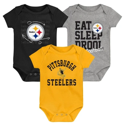 Outerstuff Babies' Newborn & Infant Black/gold/heather Gray Pittsburgh Steelers Three-pack Eat, Sleep & Drool Retro Bod In Black,gold,heather Gray