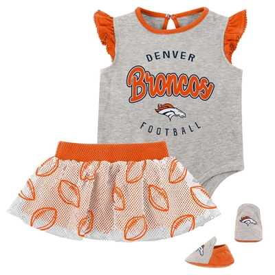 Outerstuff Babies' Girls Infant Heather Grey/orange Denver Broncos All Dolled Up Three-piece Bodysuit, Skirt & Booties In Heather Grey,orange