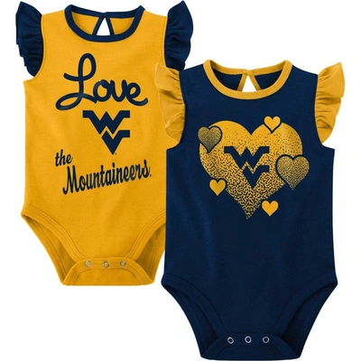 Outerstuff Babies' Girls Newborn And Infant Navy, Gold West Virginia Mountaineers Spread The Love 2-pack Bodysuit Set In Navy,gold