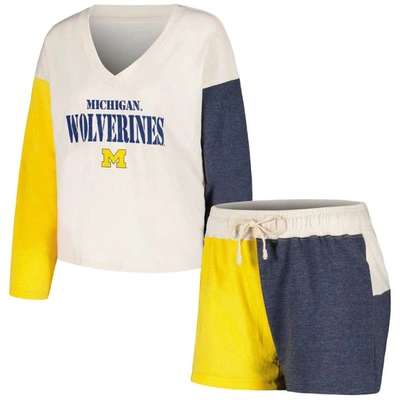 Wes & Willy Cream Michigan Wolverines Colorblock Tri-blend Long Sleeve V-neck T-shirt & Shorts Sleep