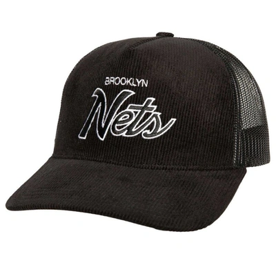 Mitchell & Ness Men's  Black Brooklyn Nets Times Up Classic Script Cord Trucker Hat