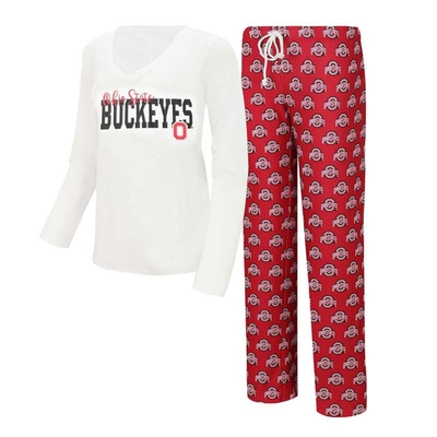 Concepts Sport White/scarlet Ohio State Buckeyes Long Sleeve V-neck T-shirt & Gauge Pants Sleep Set In White,scarlet