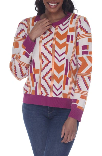 Rain And Rose Geometric Crew Knit Sweater In Fuchsia Multi