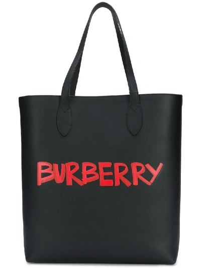 Burberry Graffiti Print Bonded Leather Tote In Black