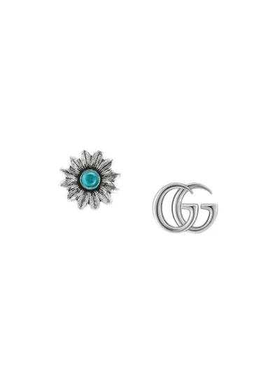 Gucci Gg Marmont & Flower Mismatched Sterling Silver Stud Earrings In Metallic