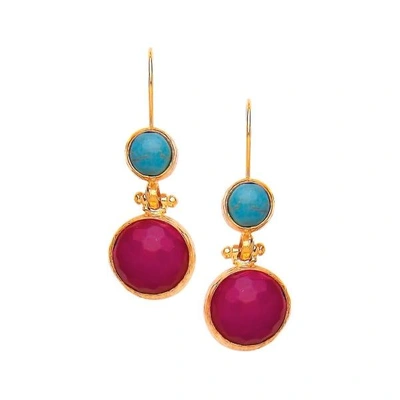 Ottoman Hands Turquoise & Hot Pink Agate Two Stone Earrings