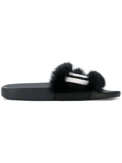 Dsquared2 20mm Logo Lapin Fur Slide Sandals In Black