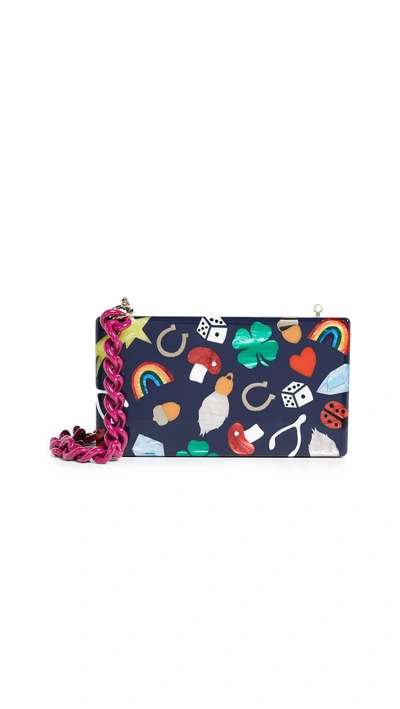 Edie Parker Lucky Charms Jean Clutch In Navy Multi/raspberry