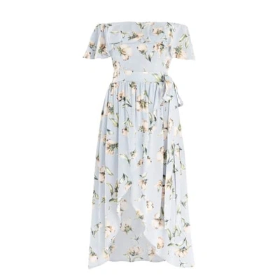 Paisie Floral Print Bardot Dress With Skirt Overlay & Side Tie