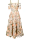 Marchesa Notte Floral-embroidered Off-the-shoulder Dress In Neutrals