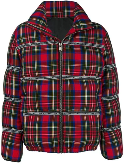 Versace Tartan Quilted-down Coat In Multicolor|rosso