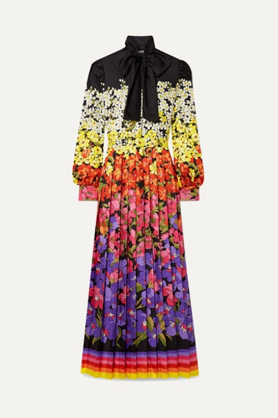 Gucci Pussy-bow Printed Silk-twill Gown In Multicoloured