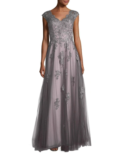 La Femme V-neck Embroidered Mesh Evening Gown In Pink/gray
