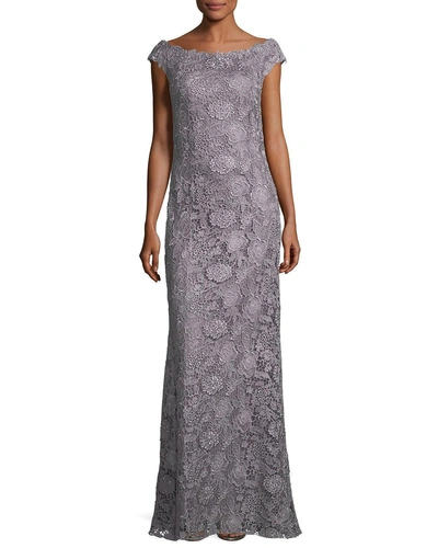 La Femme Bateau-neck Cap-sleeve Lace Evening Gown In Platinum