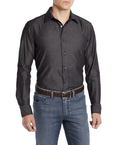 Brioni Men's Washed Chambray Sport Shirt In Black