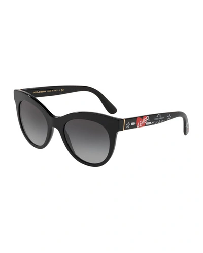 Dolce & Gabbana Oval Gradient Acetate Sunglasses W/ Printed Arms In Grey-black