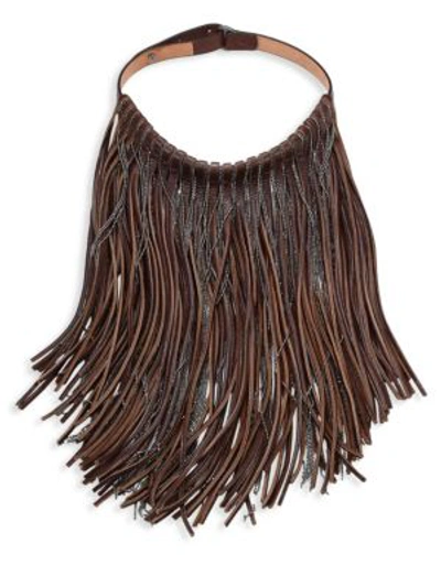 Brunello Cucinelli Leather And Monili Waterfall Necklace In Fango