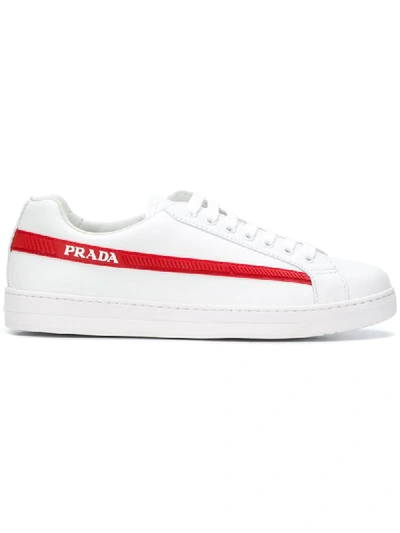 Prada Men's Avenue Vitello Plume Side-stripe Leather Low-top Sneakers,  White | ModeSens