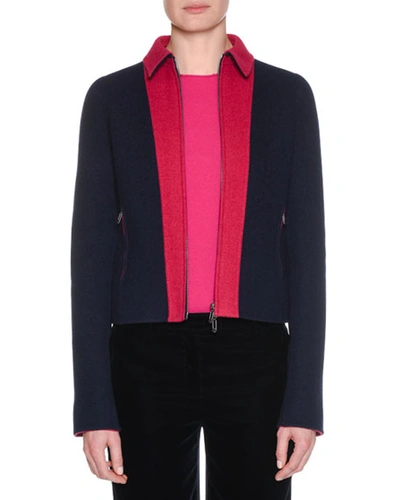 Giorgio Armani Zip-front Bonded Bicolor Cashmere Jersey Jacket In Navy