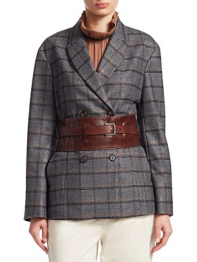 Brunello Cucinelli Double-breasted Metallic Plaid Blazer W/ Leather Belt In Charcoal