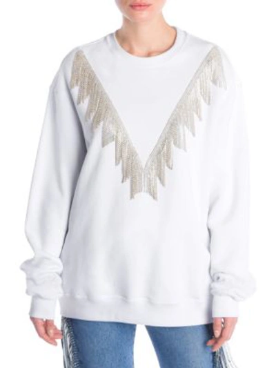Msgm Crystal-fringe Crewneck Pullover Sweatshirt In White