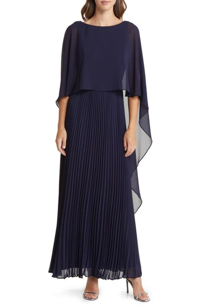Marina Capelet Overlay Pleated Chiffon Gown In Navy