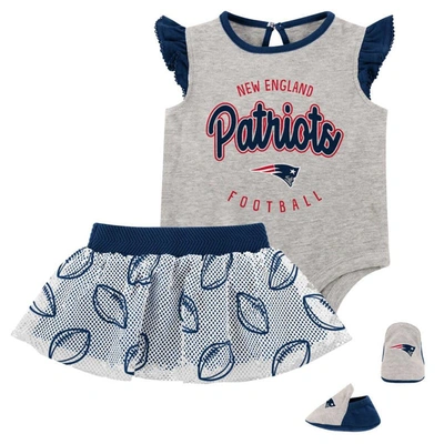 Outerstuff Babies' Girls Infant Heather Grey/navy New England Patriots All Dolled Up Three-piece Bodysuit, Skirt & Boot