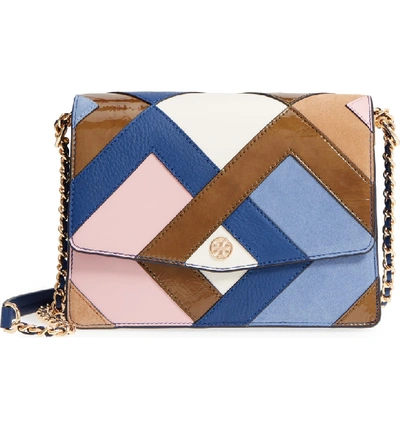 Tory Burch Robinson Color-block Leather & Suede Pierced Shoulder Bag In Bright Navy Multi/gold