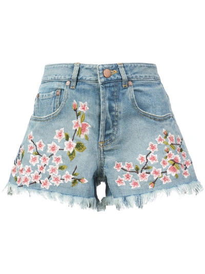 Alice And Olivia Amazing Embroidered Vintage-inspired Denim Shorts In Blue
