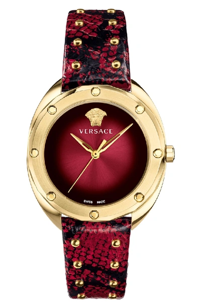 Versace Shadov Snakeskin Leather Strap Watch, 38mm In Red/ Silver