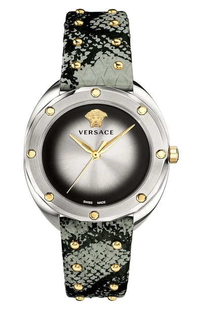 Versace Shadov Snakeskin Leather Strap Watch, 38mm In Grey/ Silver