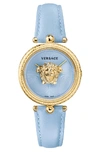 Versace Palazzo Empire Leather Strap Watch, 34mm In Blue/ Gold