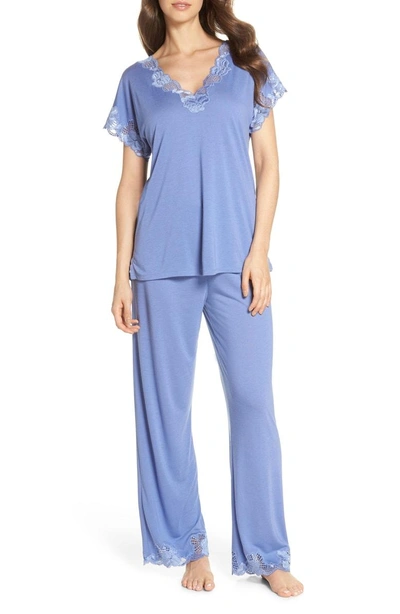 Natori Zen Floral Lace-trim Short Sleeve Pajama Set In Wedgewood