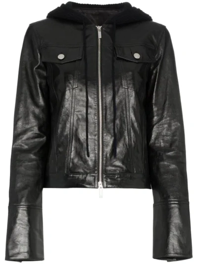 Helmut Lang Hooded Glossed Textured-leather And Ribbed Wool-blend Jacket In Black