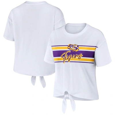 Wear By Erin Andrews White Lsu Tigers Striped Front Knot Cropped T-shirt