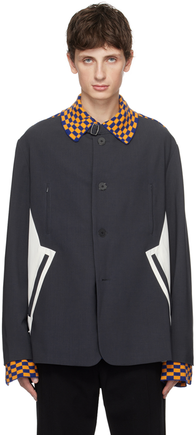 Kiko Kostadinov Check-pattern Panelled Shirt Jacket In Graphite / Ecru /ora